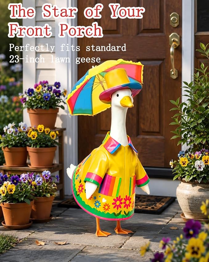 Porch Goose Raincoat Outfits, Summer Spring Lawn Yard Goose Statue Clothes Costume for 23" Lawn Outdoor Garden Yard Patio Geese Statue Decoration with Raincoat Umbrella Hat (Yellow raincoat)