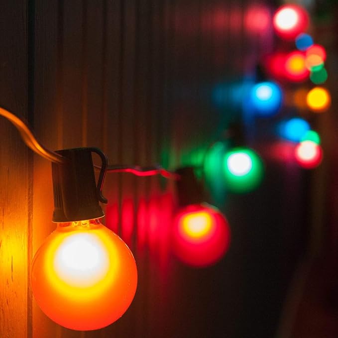 G40 Assorted Satin Pearl Colored String Lights (25 Foot – Green Wire) | G40 Assorted 1.6" Bulbs, Outdoor Globe Patio String Lights