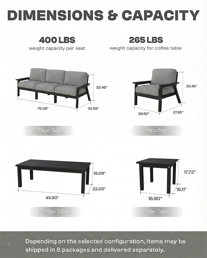 7 Piece HDPE Outdoor Furniture Set with Gray Cushions (Black Frame) | All-Weather HDPE, Modular Design, Extra-Deep Seating, Thick Cushions, Ideal for Backyard, Deck & Porch