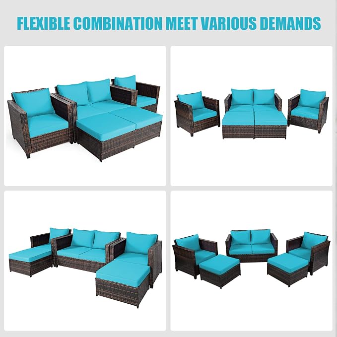 Tangkula 5 Pieces Patio Wicker Furniture Set, Outdoor Rattan Sofa Set with Loveseat, 2 Single Sofas, 2 Ottomans & Removable Cushions, Sectional Daybed Sofa Set for Yard, Garden, Poolside, Turquoise