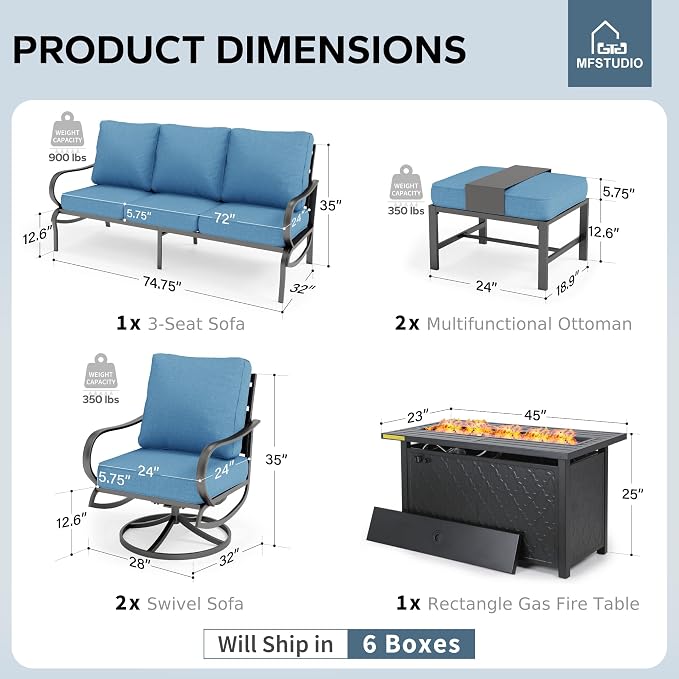 MFSTUDIO 6 Pieces Patio Furniture Sets with 45" Gas Fire Pit Table(Up to 7 Seat),Outdoor Metal Frame Patio Conversation Sofas with 1 x 3-Seat Sofa, 2 Swivel Chairs and 2 Ottoman, Navy Cushion