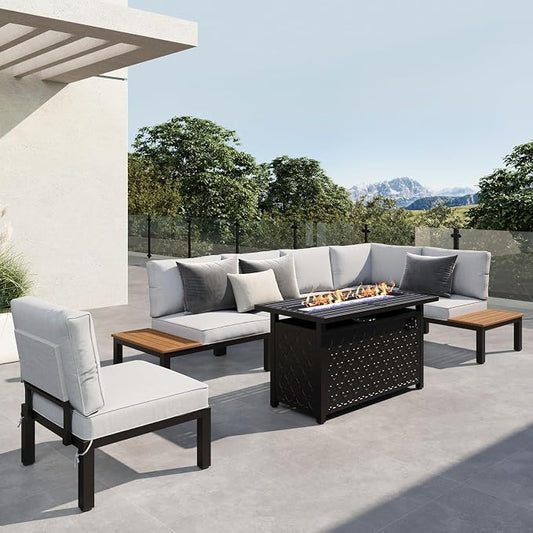 Sophia & William 6 Piece Metal Outdoor Sectional with Fire Pit Table, Modern Patio Furniture Set with Cushion, Modular L-Shape Outdoor Couch Patio Conversation Set for Deck Garden Backyard