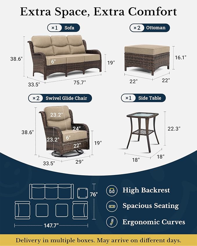 HILLGA 6-Piece Luxury Patio Furniture Set with 6" Thick Cushions, Weather-Resistant Wicker High Back Swivel Rocker Chairs, Senior-Friendly Outdoor Sofa Set for Large Deck, Yard and Poolside, Beige(V2)