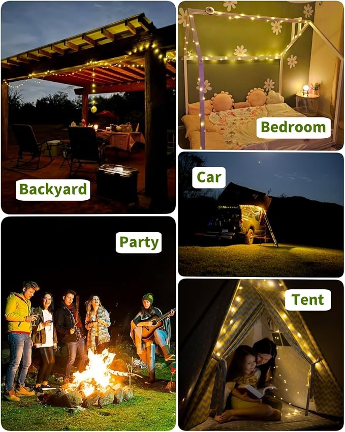 Solar Camping String Lights, 32.8 FT Fairy String Light, 4 in 1 Portable Waterproof Camp LED Lamp with 8 Lighting Modes, Hanging Rechargeable Tent Lantern for Outdoor Garden Patio Party Essentials