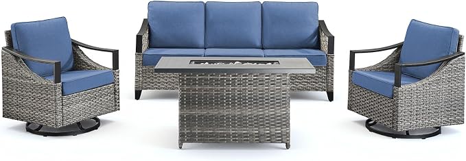Wicker Patio Furniture Set with 42.5" Fire Pit Table-4 Pieces All Weather Wicker Outdoor Furniture with High Back Swivel Patio Chairs Set of 2 Outdoor Couch for Deck Balcony Backyard Blue/Gray