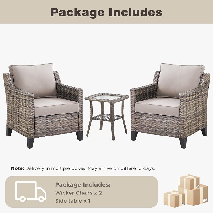 Belord Patio Chairs Set with Side Table, Outdoor Rattan Chairs for Deck Porch Garden, 3 Piece Luxury Patio Furniture Set, Beige