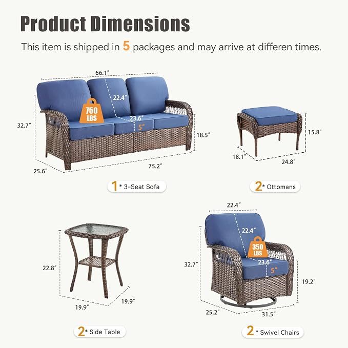 7 Pieces Outdoor Furniture Set Swivel Chairs, All Weather Wicker 3 Seater Sofa with Ottomans Rattan Side Table, Conversation Set Outdoor Seating Furniture for Deck Yard Sunroom, Blue