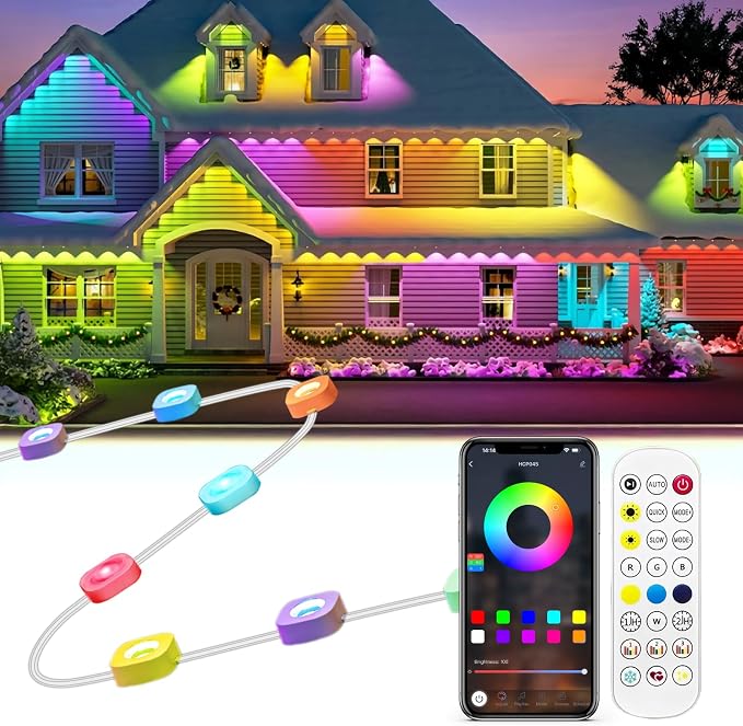 Gaoxun 200ft Permanent Outdoor Lights, RGBW Smart LED Christmas Lights with 72 LED, APP/Remote Control, Dimmable, 47 Scene Modes, Timer, IP67 Waterproof Eaves Lighting for Daily Holiday Decorations