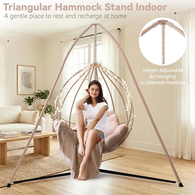 Tripod Hammock Chair Stand for Multi-Use, Heavy-Duty Hammock Chair Stand for Indoor & Outdoor, with Height Adjustable Triangular Design, 330 lbs Capacity, Easy Assembly, Stand Only - Brown