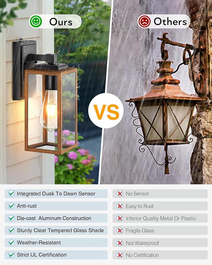 VIANIS 2 Packs Garage Light Outdoor, Dusk to Dawn Outside Wall Lights Fixture for House, Wood Grain Coach Lantern with Toughened Glass, Farmhouse Sconce Wall Mount for Entryway, Hallway, Garage