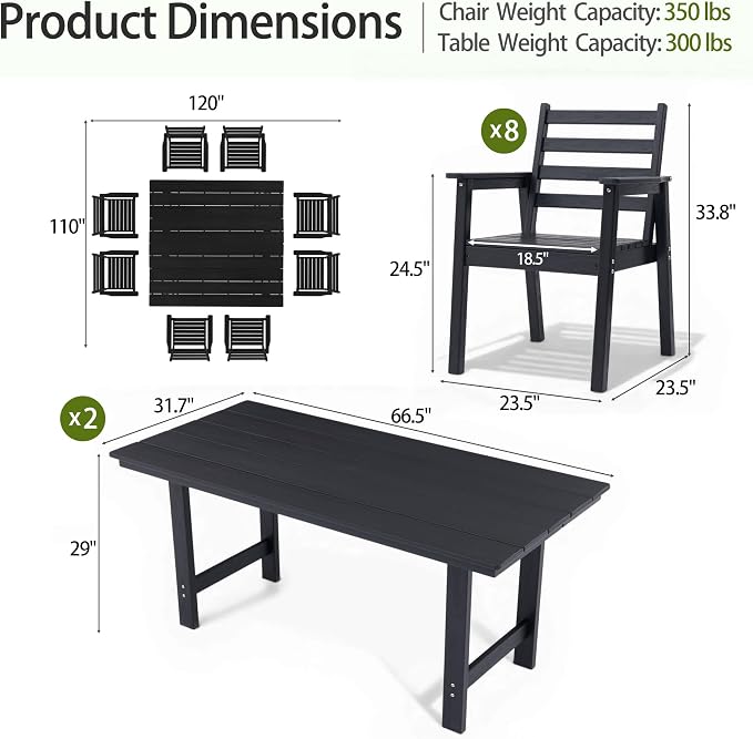 10-Piece Outdoor Dining Set, All-Weather HDPE Patio Furniture, Two 66.5" Slatted Table with 1.6" Umbrella Hole & 8 Ergonomic Armchairs, Heavy Duty 350lbs Capacity, UV Resistant, Black