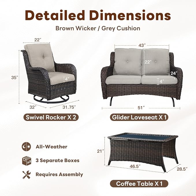 Belord 4 Piece Patio Wicker Furniture Set, Outdoor Swivel Rocker Chairs, All Weather Outdoor Patio Loveseat with Cushion and Coffee Table for Deck Porch, Brown Wicker/Gray
