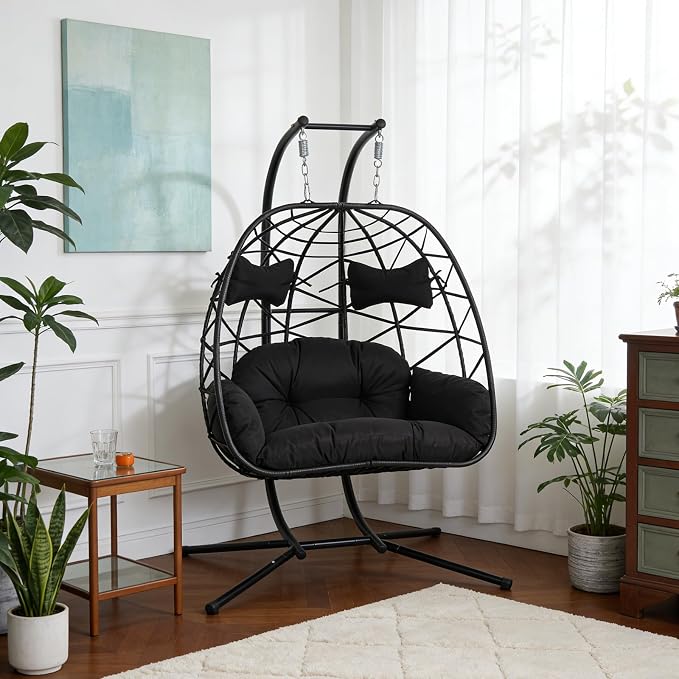 Double Egg-Shaped Hammock Chair, Swing Egg Chair, Wicker Hanging Chair with Removable Washable Cushion