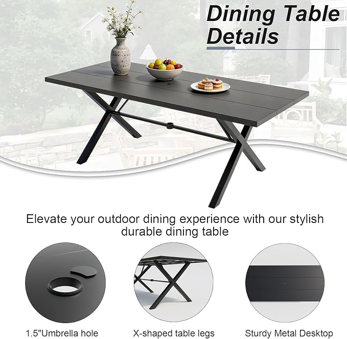 10 Pieces Patio Dining Set,Metal Outdoor Furniture Set Includes 13.6FT Grey Umbrella,Hole Cut-Out 78.7" x 35.4" Table and 8 Metal Backrest Chairs for Backyard,Garden,Sand
