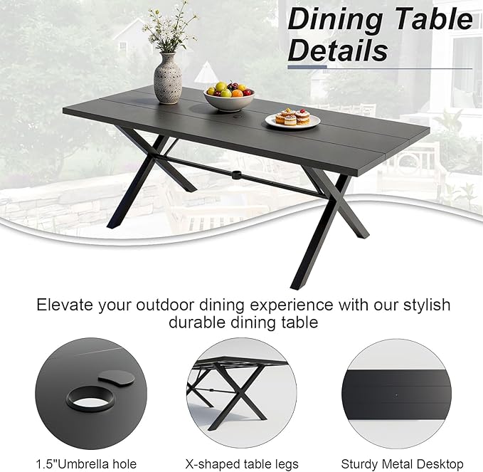 10 Pieces Patio Dining Set,Metal Outdoor Furniture Set Includes 13.6FT Grey Umbrella,Hole Cut-Out 78.7" x 35.4" Table and 8 Metal Backrest Chairs for Backyard,Garden,Grey