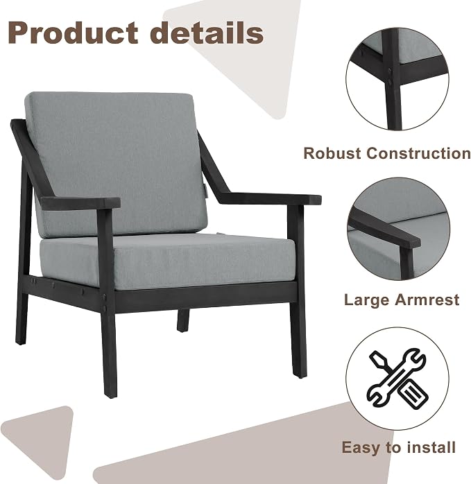 Outdoor Patio Furniture Set, 2 Piece Outdoor Patio Sofa Armchairs with Washable Thick Cushions, All-Weather Solid Wood Patio Bistro Set for Porch, Balcony, Black Frame & Gray Cushion