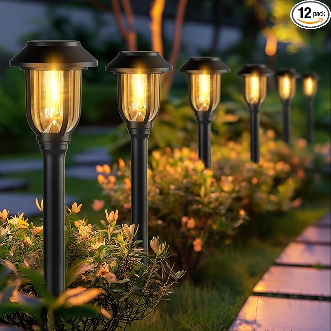 ILANCK Solar Pathway Lights Outdoor,12 Pack Solar Lights Outdoor Waterproof, Warm White Auto On/Off LED Solar Powered, Garden Landscape Lighting for Yard Walkway Driveway Path Decorative