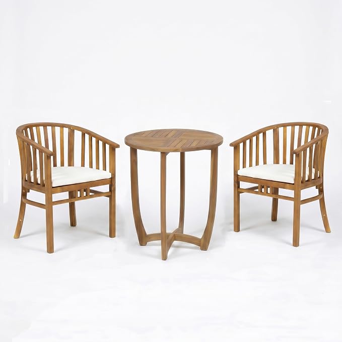 Christopher Knight Home Badaz Acacia Wood Patio Dining Set for 2, Solid Wood Outdoor Dining Table Set for 2, 3 Piece Outdoor Dining Set with Round Table and Armchair with Seat Cushion, Teak+Cream