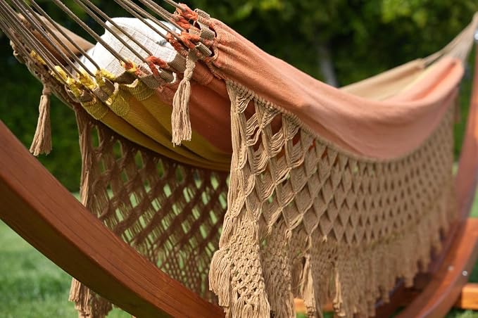 Handmade Brazilian Macrame Hammock – Red, Yellow & Caramel Striped Cotton Hammocks – Indoor Boho Swing Bed – Decorative Hammock for Bedroom, Porch or Balcony