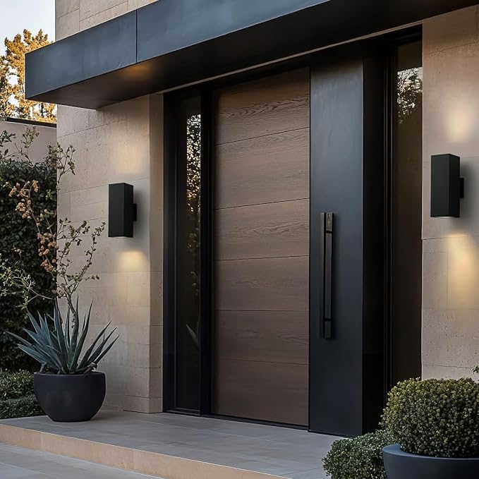 mirrea 14" Modern Outdoor Porch Light, 2 Lights, Oil Rubbed Bronze, 2 Pack | Patio wall sconce, aluminum rectangular tube, tempered glass, waterproof. Up & down lighting for outdoor wall mount fixture.