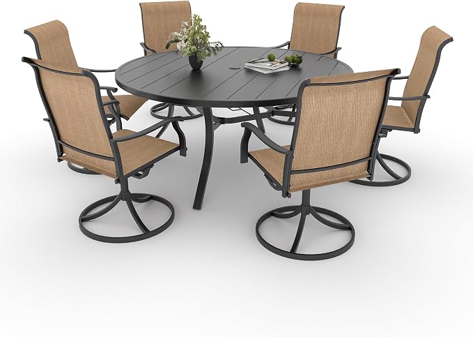 Anmutig 7 Piece Outdoor Patio Dining Set with 6 Swivel Dining Chairs & 54" Round Dining Table, All Weather Dining Furniture Set for Lawn Garden Brown