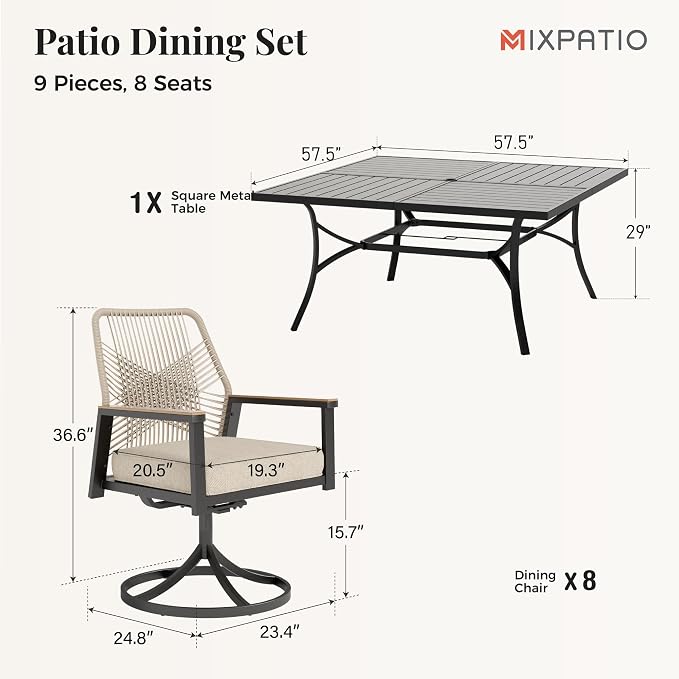 MIXPATIO 9 Pieces Outdoor Patio Dining Set, 57.5" Square Metal Patio Table with Umbrella Hole, 8 x Swivel Rope Rattan Chairs with 3.2" Cushion for Yard, Porch, Beige