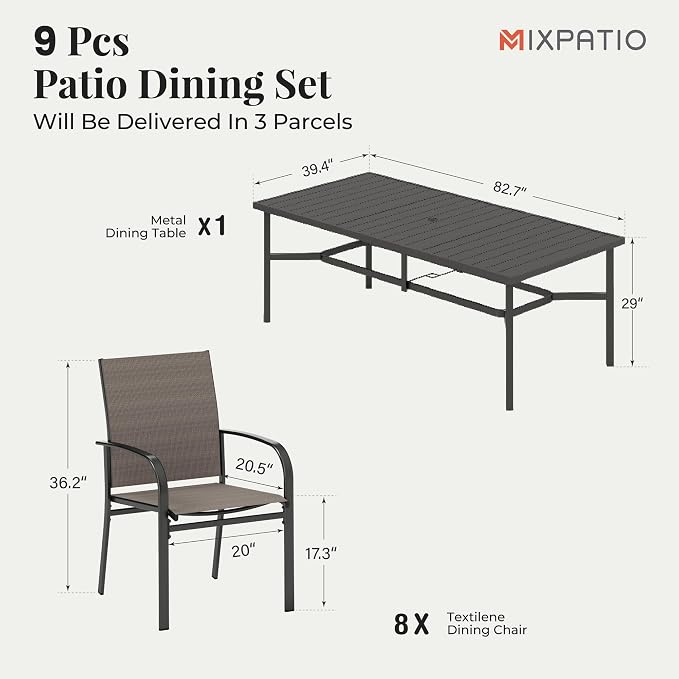 MIXPATIO 9 Pieces Patio Table and Chairs Set, Patio Dining Set for 8, 8 Brown Textilene Chairs and 83” Rectangular Patio Dining Table with Umbrella Hole, for Deck Backyard Lawn Poolside