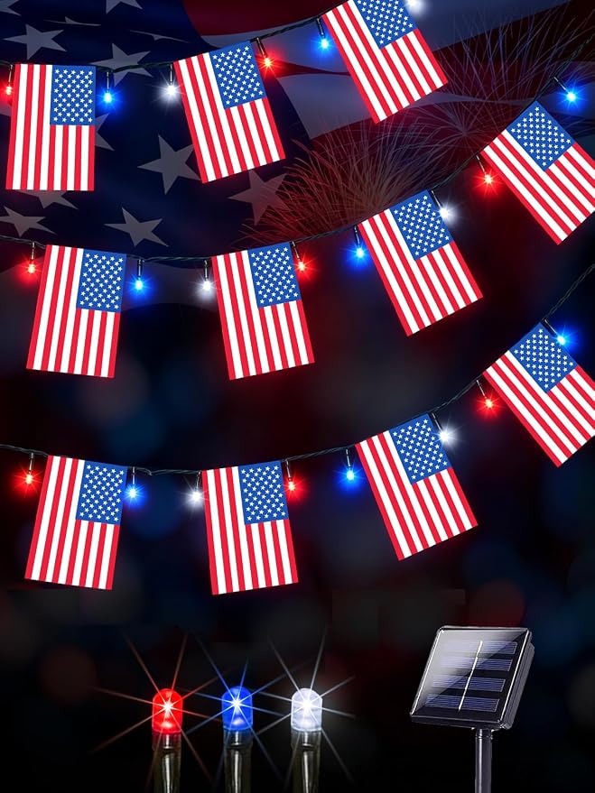 4th of July Decorations 50 LED Solar American Flag String Lights Outdoor | 25 USA Flags, 8 Modes, Memory Function, Auto On/Off, 18.8FT Waterproof Twinkle Lights for 250th Anniversary Patriotic Decor