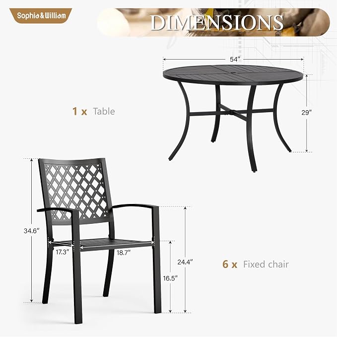 Sophia & William 7 Pc Round Outdoor Dining Set, 54" Metal Table w/ 6 Chairs | Perfect for Patio, Deck, Yard, Porch. Outdoor Dining Set for 6, 7 Piece Metal Patio Furniture Set