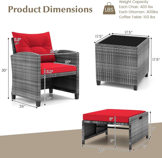 COSTWAY 5-Piece Rattan Conversation Set, Outdoor Wicker Sofa, Tempered Glass Coffee Table & Ottomans for Small Space, Boho Chic Indoor/Outdoor Furniture Set for Poolside, Backyard, Deck (Red)