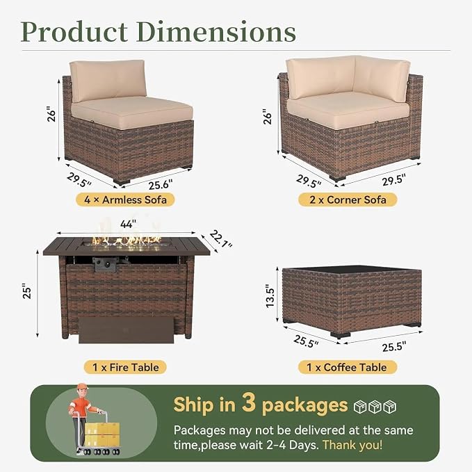 Beige 8 Piece Patio Furniture Set with 44” Fire Pit Table Wicker Rattan Outdoor Sectional Sofa Set with Coffee Table