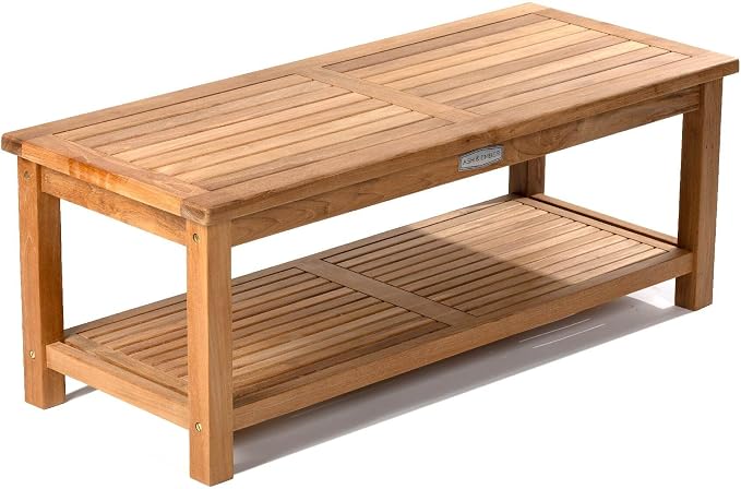 TITAN GREAT OUTDOORS Ash & Ember Sierra Grade A Teak 47" Coffee Table with Shelf, Weather Resistant Tea Table for Deck, Porch, or Backyard Use, Slatted Indoor Outdoor Patio Lounge Furniture
