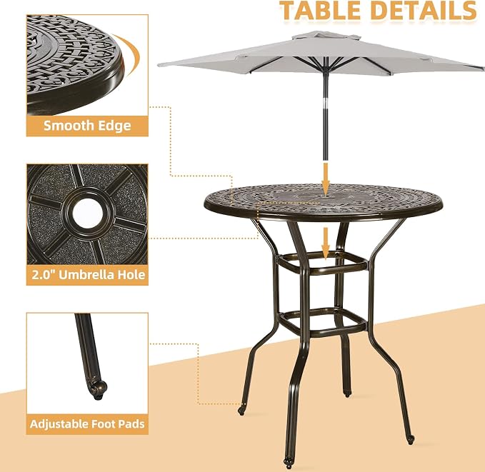 Cast Aluminum Patio Bar Table, 38.5" Outdoor Bar Height Bistro Table with 2" Umbrella Hole, Patio Bistro Round High Top Dining Table Pub Table for Porch Balcony Backyard, Dark Bronze