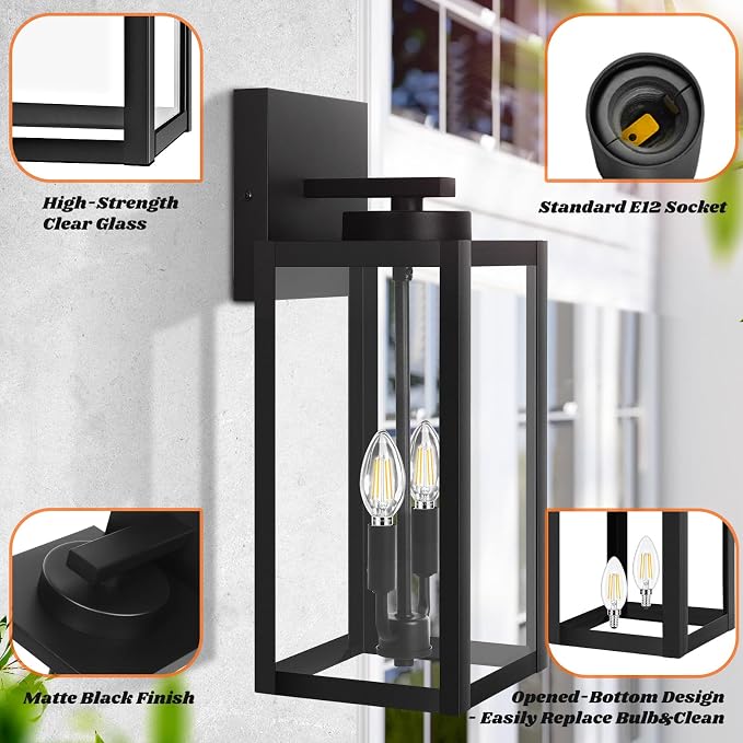 2-Pack 18inch Outdoor Light Fixtures, Waterproof Black Outside Wall Lanterns with Clear Glass, Anti-Rust Exterior Wall Sconces, Front Porch Lights for House Garage Doorway, Bulbs Not Included