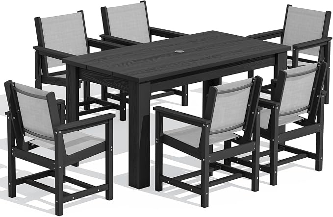 SERWALL 7 Piece Outdoor Dining Sets with 1 Umbrella Hole Cut-Out Rectangular Table and 6 Textilene Chairs, HDPE Dining Sets for 6 Person, Black