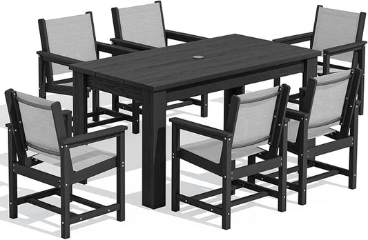 SERWALL 7 Piece Outdoor Dining Sets with 1 Umbrella Hole Cut-Out Rectangular Table and 6 Textilene Chairs, HDPE Dining Sets for 6 Person, Black