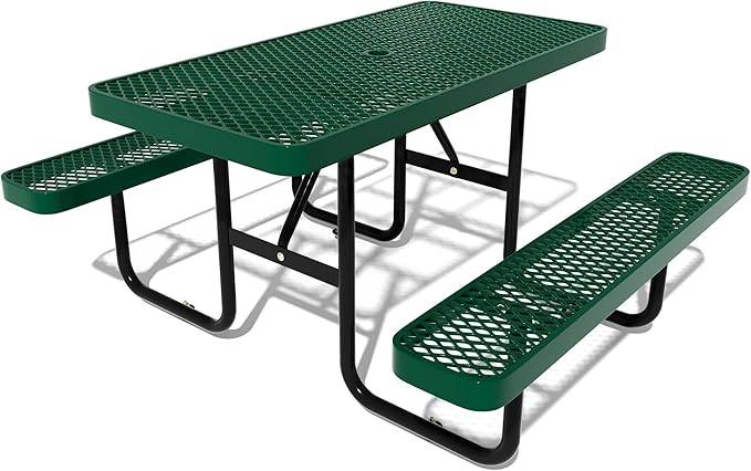 Picnic Tables for Outdoors,Commercial Metal Picnic Table Bench Set with Umbrella Hole,School Canteen Tables W/Seats - Heavy Duty Sturdy Picnic Tables Furniture for Patio Garden (Green, 4FT)