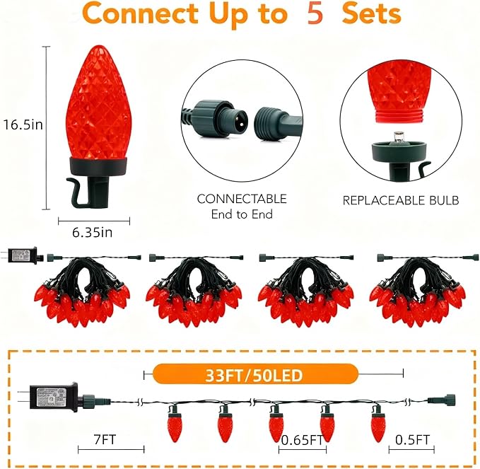 C9 LED Christmas Lights Outdoor,33 Feet 50 LED 8 Lighting Modes Waterproof Connectable Christmas String Lights for Outside Roofline Patio Home Xmas Decorations (Red)