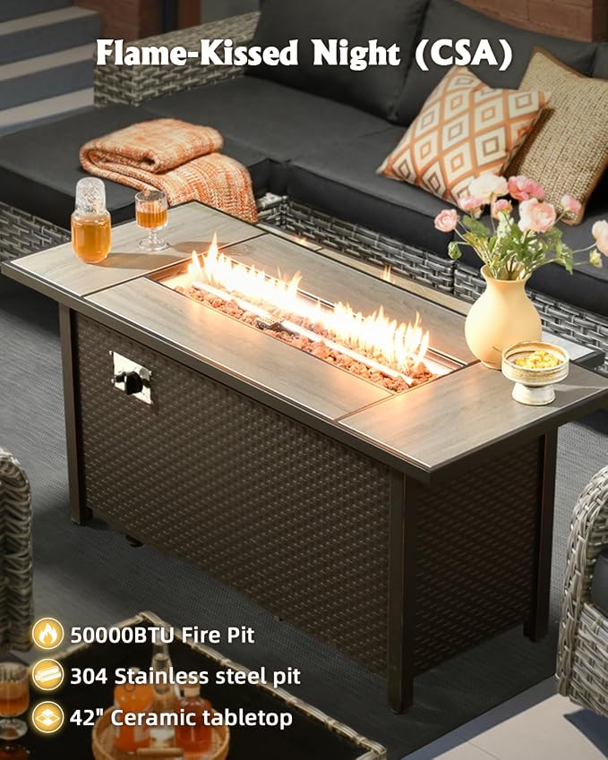 Outdoor Sectional Patio Furniture Set with Fire Pit Table,8 Pieces Wicker Conversation Sets L Shaped Couch,Extra Deep Out Door Sofa Outside Furniture with Swivel Chairs,Black