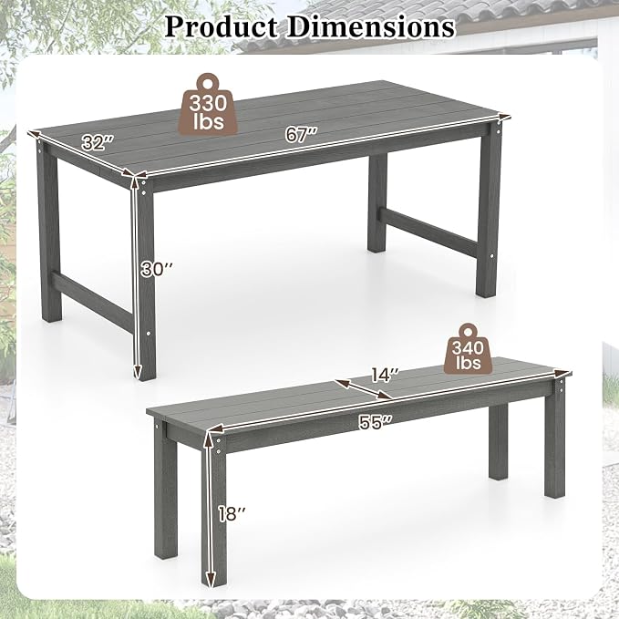 Tangkula 3 Pieces Outdoor HDPE Dining Table Set with 2 Benches, Weather Resistant Patio Furniture Set with 1.77” Umbrella Hole and Wood-Like Surface for Garden, Backyard and Poolside (Gray, 3 Pcs)