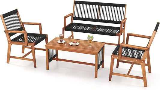 HAPPYGRILL 4 Pieces Patio Furniture Set Acacia Wood Conversation Set with Hand-Woven Rope Design, Ergonomic Loveseat & Single Chairs, Wooden Chair & Table Set for Porch Yard Poolside