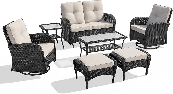 7 Piece Patio Furniture Set - Wicker Patio Conversation Set with Swivel Glider, Glider Loveseat, Tempered Glass Side Table and 2 Ottomans for Deck Backyard - Black Wicker Beige Cushion