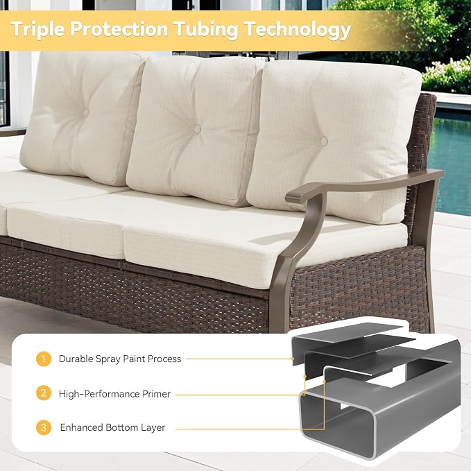 Outdoor Patio Furniture Set, 6 Pieces Outdoor Conversation Sets with Coffee Table & Side Table, Wicker Rattan Outdoor Sectional Sofa Set for Backyard, Deck, Porch, Poolside, Beige