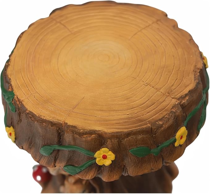 12.6" Resin Squirrel Garden Chair, Indoor & Outdoor Accent Stool, Natural | Round Tree Stump Design w/ Squirrel Details, Weather-Resistant for Patio, Backyard, Terrace & Home Decor