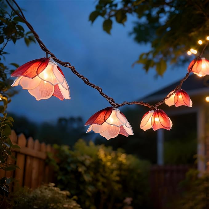 Decorative String Lights Plug in with 10 Bulbs, Flower Garland Fairy Lights Connectable Weatherproof Outdoor Indoor for Wedding Pergola Bedroom Porch Floral Home Decor (Purple White)