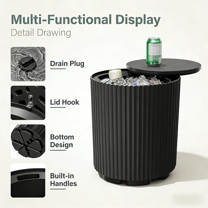 Outdoor Cooler Side Table, 2-in-1 Ice Chest Side Table Bucket All Weather Resistant, Portable Cooler Table for Patio & Parties & Picnics & Beach & BBQ, Black