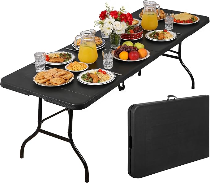 ZenStyle Indoor Outdoor Heavy Duty Plastic Folding Table Portable Picnic Table Fold-in-Half Utility Table w/Handle and Steel Legs for Camping, Dining, Party (Black, 8ft)