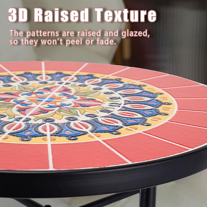 Mosaic Outdoor Side Table Small Round Patio Table Plant Stand | 21" Accent End Table with 14" Ceramic Tile Top for Small Spaces Porch Pool Garden Decor Indoor Living Room Bedroom Balcony