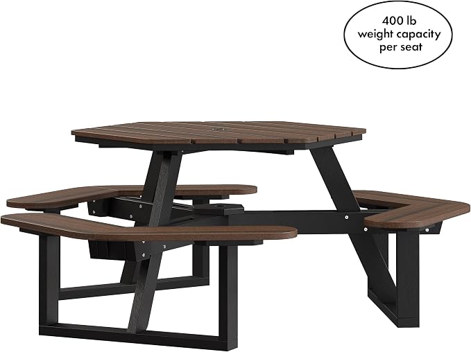 Shoreline Made in USA Hexagon Picnic Table, Seating for 6, Black Sand/Rustic Walnut