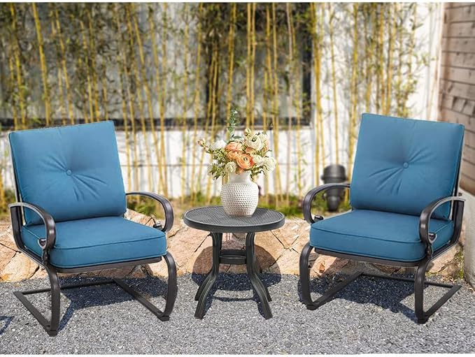Outdoor 3 Pcs Patio Bistro Spring Set Motion Metal Lounge Chairs and Round Table, Steel Conversation Set with Washable Cushions, Peacock Blue